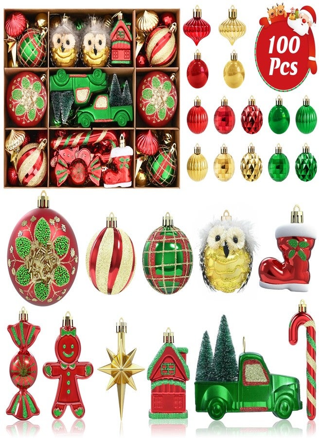 Dolicer 100 Pcs Christmas Ornaments Various Elements Christmas Tree Ornaments Set Red Gold Green Christmas Ball Ornament Shatterproof Hanging Decorations for Xmas Tree Holiday Party, Pre-Tied Strings - Image 1